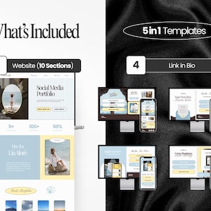 May include: A digital marketing template set with the text "What's Included" and "5in1 Templates." The image shows website and mobile templates with the text "Social Media Portfolio" and "Link in Bio."