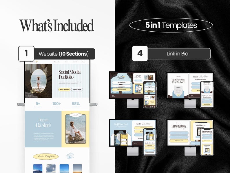 May include: A digital marketing template set with the text "What's Included" and "5in1 Templates." The image shows website and mobile templates with the text "Social Media Portfolio" and "Link in Bio."