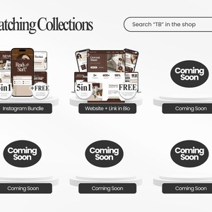 Może przedstawiać: Obraz promocyjny z tekstem "Matching Collections". Zawiera makiety telefonu i strony internetowej z tekstem "5in1" i "+FREE". Obraz zawiera r&oacute;wnież tekst "Instagram Bundle" i "Website + Link in Bio".