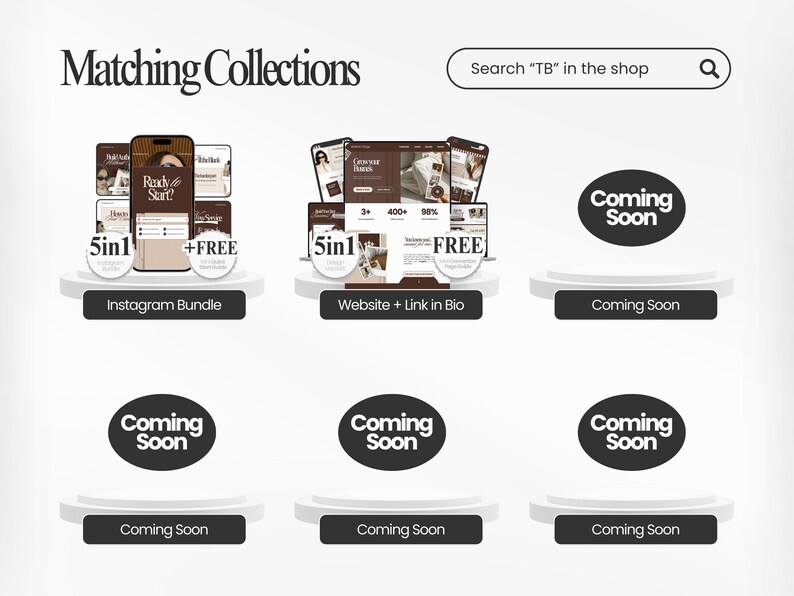 Może przedstawiać: Obraz promocyjny z tekstem "Matching Collections". Zawiera makiety telefonu i strony internetowej z tekstem "5in1" i "+FREE". Obraz zawiera r&oacute;wnież tekst "Instagram Bundle" i "Website + Link in Bio".