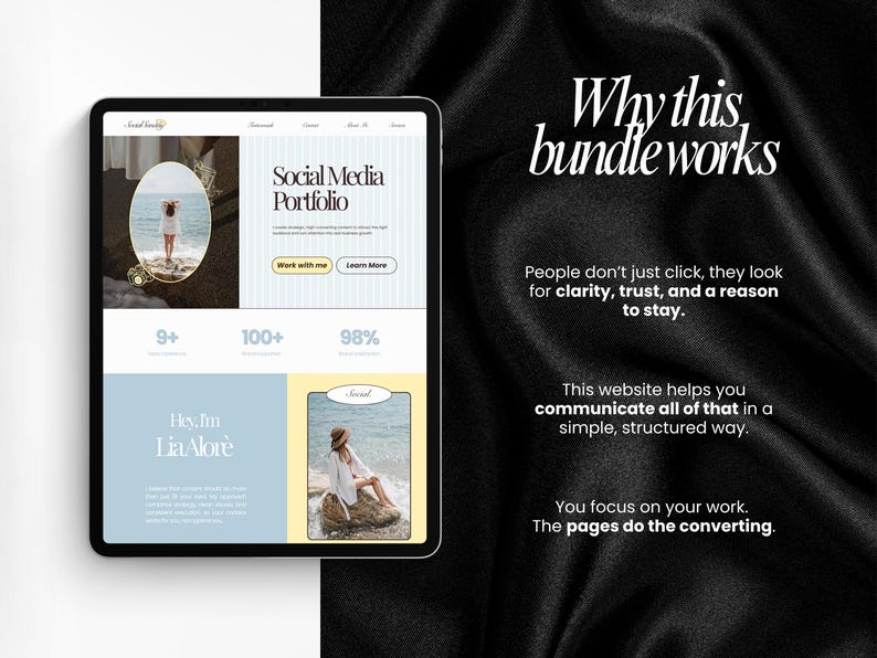 May include: A tablet displays a website design with the text "Social Media Portfolio." The design features images of a person on a beach, along with the text "Why this bundle works." The background is black and white.