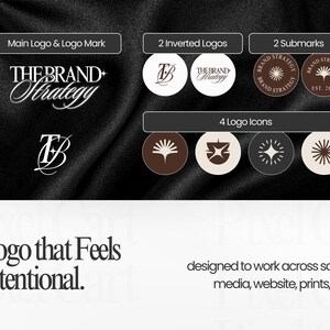 Może przedstawiać: Projekt graficzny prezentujący warianty logo i ikony. Gł&oacute;wne logo wykorzystuje elegancki skrypt, a inne projekty obejmują okrągłe znaki podrzędne i r&oacute;żne ikony. Tekst brzmi "Logo that Feels Intentional" i "designed to work across social media, website, prints, etc."