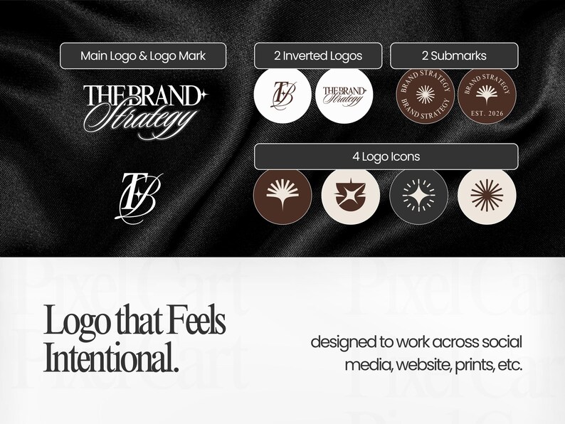 Może przedstawiać: Projekt graficzny prezentujący warianty logo i ikony. Gł&oacute;wne logo wykorzystuje elegancki skrypt, a inne projekty obejmują okrągłe znaki podrzędne i r&oacute;żne ikony. Tekst brzmi "Logo that Feels Intentional" i "designed to work across social media, website, prints, etc."