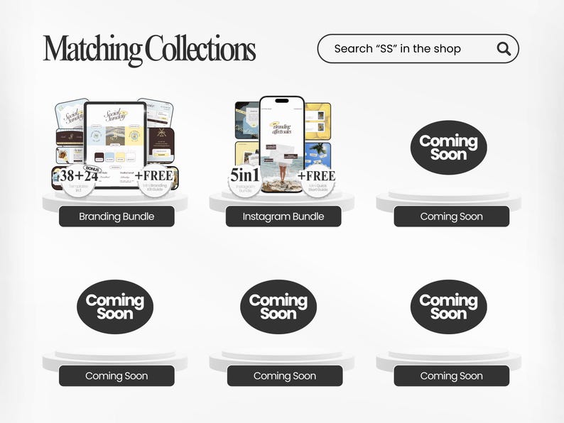 May include: A promotional graphic with the text "Matching Collections" and a search bar. It features mockups of digital products, including a tablet and smartphone, with the text "Branding Bundle" and "Instagram Bundle". Several "Coming Soon" graphics are also displayed.