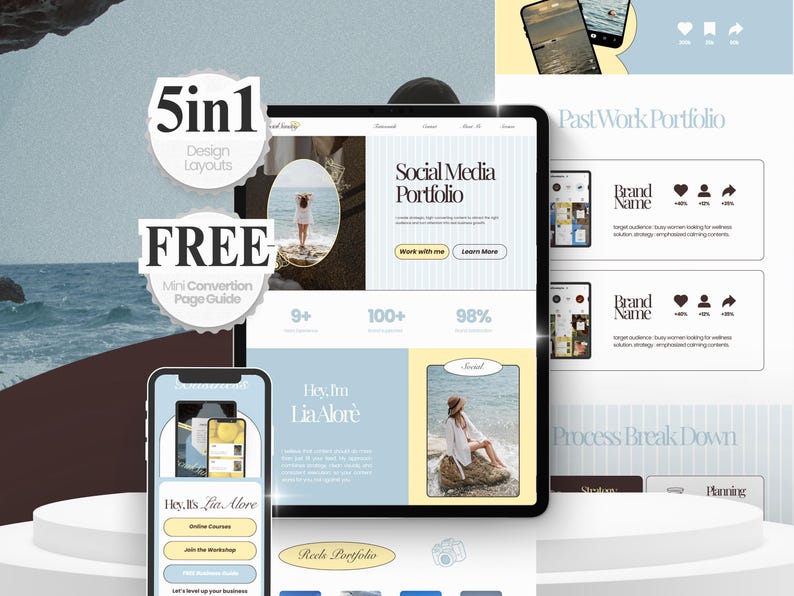 May include: A digital marketing portfolio design, showcasing a tablet and smartphone displaying website layouts. The design includes the text "Social Media Portfolio," "5in1 Design Layouts," and "FREE Mini Conversion Page Guide." The color scheme is light blue and white.