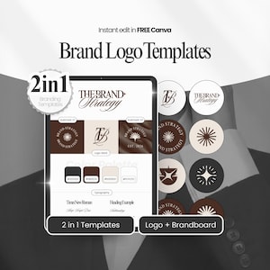 Może przedstawiać: Cyfrowy wyświetlacz prezentujący szablony logo marki. Obraz zawiera tekst "Brand Logo Templates" i "Instant edit in FREE Canva". Wyświetlacz zawiera r&oacute;żne projekty logo, palety kolor&oacute;w i przykłady typografii. Obraz zawiera r&oacute;wnież tekst "2 in 1 Templates" i "Logo + Brandboard".