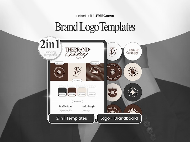 Może przedstawiać: Cyfrowy wyświetlacz prezentujący szablony logo marki. Obraz zawiera tekst "Brand Logo Templates" i "Instant edit in FREE Canva". Wyświetlacz zawiera r&oacute;żne projekty logo, palety kolor&oacute;w i przykłady typografii. Obraz zawiera r&oacute;wnież tekst "2 in 1 Templates" i "Logo + Brandboard".