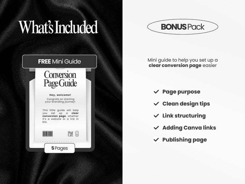 May include: A black and white graphic with the text "What's Included" and "BONUS Pack". The image features a "FREE Mini Guide" titled "Conversion Page Guide" with a brief description and a list of topics including page purpose and design tips.