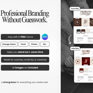 Może przedstawiać: Obraz promocyjny z tekstem "Professional Branding Without Guesswork". Podkreśla funkcje takie jak łatwa edycja w Canva, zmiany kolor&oacute;w i czcionek oraz dołączanie obraz&oacute;w. Pokazano przykłady brandingu.