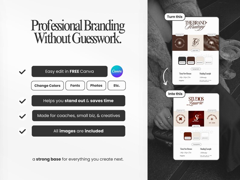 Może przedstawiać: Obraz promocyjny z tekstem "Professional Branding Without Guesswork". Podkreśla funkcje takie jak łatwa edycja w Canva, zmiany kolor&oacute;w i czcionek oraz dołączanie obraz&oacute;w. Pokazano przykłady brandingu.