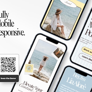 May include: A digital marketing portfolio displayed on multiple smartphones. The screens showcase website designs, social media content, and a QR code to scan a demo. The text includes "Fully Mobile Responsive" and calls to action like "Work with me."