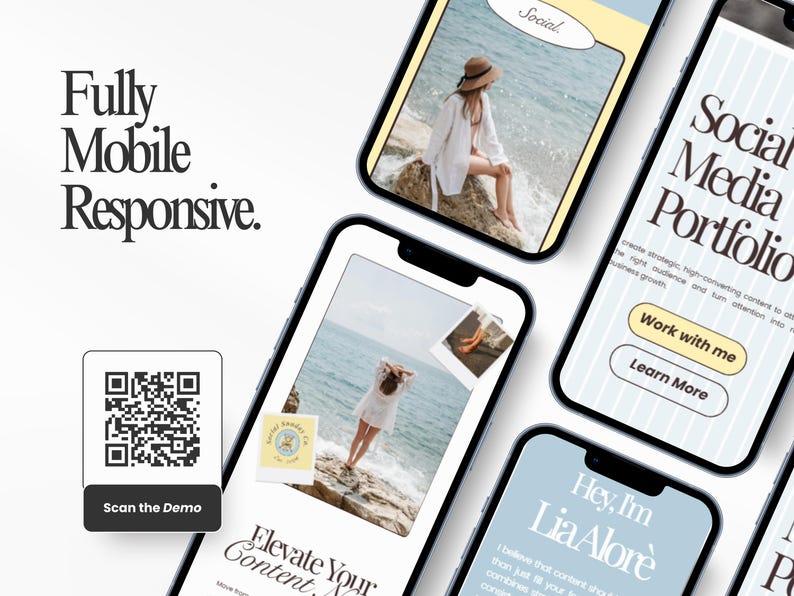 May include: A digital marketing portfolio displayed on multiple smartphones. The screens showcase website designs, social media content, and a QR code to scan a demo. The text includes "Fully Mobile Responsive" and calls to action like "Work with me."