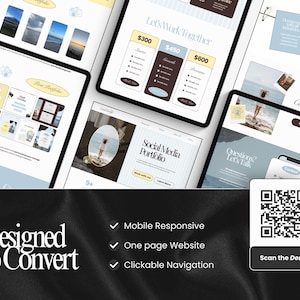 May include: A digital marketing design showcasing website layouts on tablets. The design includes the text "Let's Work Together" with pricing, "Social Media Portfolio", and "Designed to Convert". Features include mobile responsiveness and clickable navigation.