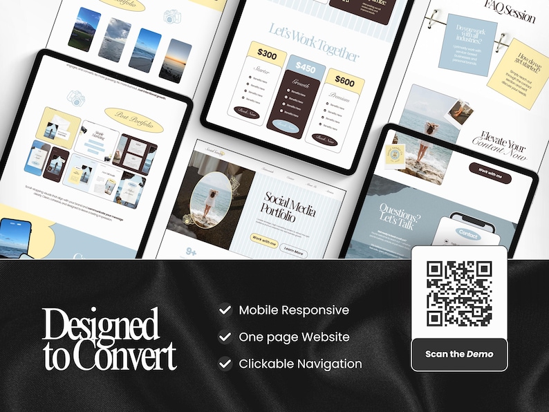 May include: A digital marketing design showcasing website layouts on tablets. The design includes the text "Let's Work Together" with pricing, "Social Media Portfolio", and "Designed to Convert". Features include mobile responsiveness and clickable navigation.