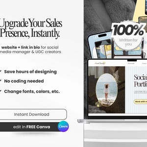 May include: A laptop displays a website with the text "Social Media Portfolio." The image includes the text "Upgrade Your Sales Presence, Instantly" and options to save time, avoid coding, and change fonts and colors. The image also includes the text "Instant Download" and "edit in FREE Canva."
