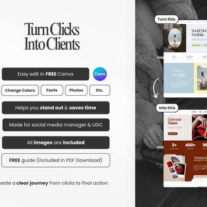 May include: Graphic showcasing a digital marketing concept. Text reads "Turn Clicks Into Clients" with features like easy editing in Canva, and a free guide. The image includes mockups of website designs and a person.