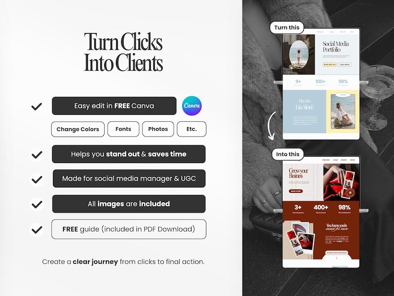 May include: Graphic showcasing a digital marketing concept. Text reads "Turn Clicks Into Clients" with features like easy editing in Canva, and a free guide. The image includes mockups of website designs and a person.