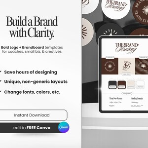 Może przedstawiać: Szablon marketingu cyfrowego z tekstem "Build a Brand with Clarity". Obrazek przedstawia tablet wyświetlający szablony logo i brandboard. Tekst zawiera "Save hours of designing", "Unique, non-generic layouts" i "Change fonts, colors, etc."