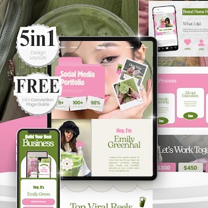May include: A digital marketing portfolio template set featuring a tablet and smartphone displaying pink and green web layouts. Text includes 5in1 Design Layouts, FREE Mini Conversion Page Guide, Social Media Portfolio, and Emily Greenhal.
