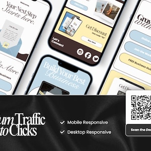 May include: A promotional image featuring several smartphones displaying website mockups. The screens showcase website design and marketing content, including calls to action like "Get Discount" and "Join the Workshop." The phrase "Turn Traffic Into Clicks" is also visible.