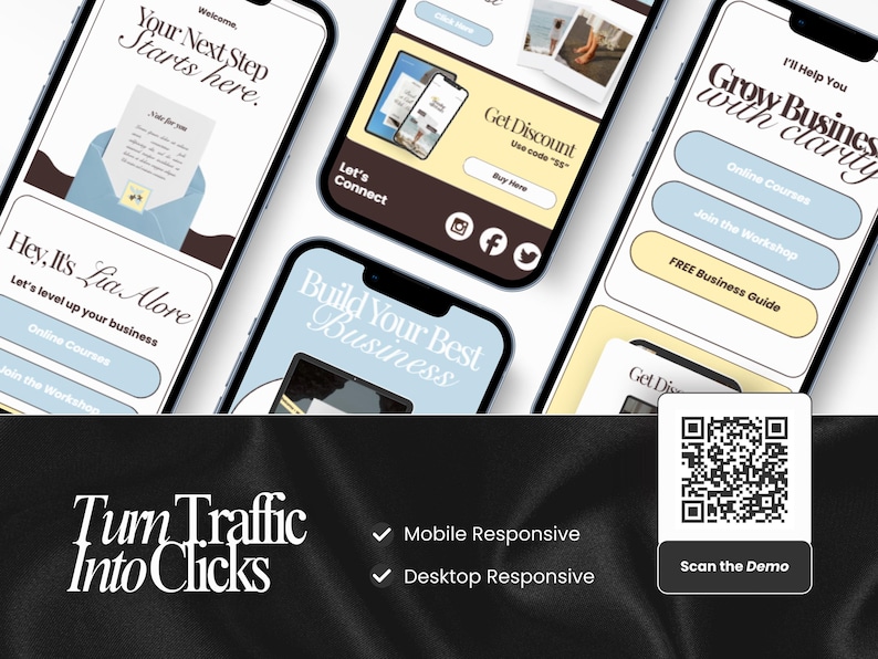 May include: A promotional image featuring several smartphones displaying website mockups. The screens showcase website design and marketing content, including calls to action like "Get Discount" and "Join the Workshop." The phrase "Turn Traffic Into Clicks" is also visible.
