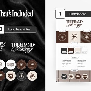 Może przedstawiać: Prezentacja projektu graficznego z tekstem &bdquo;What's Included&rdquo; i &bdquo;10 Logo Templates&rdquo;. Prezentacja zawiera wariacje logo, tablicę marki, palety kolor&oacute;w i przykłady typografii. Schemat kolor&oacute;w to gł&oacute;wnie brązowy, beżowy i czarny.