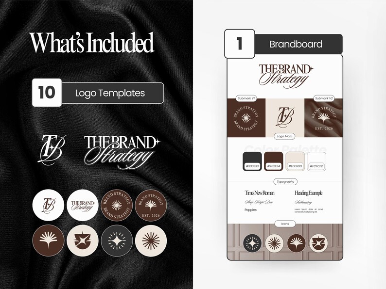 Może przedstawiać: Prezentacja projektu graficznego z tekstem &bdquo;What's Included&rdquo; i &bdquo;10 Logo Templates&rdquo;. Prezentacja zawiera wariacje logo, tablicę marki, palety kolor&oacute;w i przykłady typografii. Schemat kolor&oacute;w to gł&oacute;wnie brązowy, beżowy i czarny.
