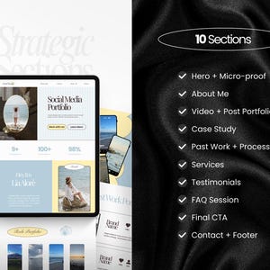 May include: A digital marketing portfolio displayed on a tablet, showcasing a website design with a light blue and yellow color scheme. The image includes a list of 10 sections, including "Hero + Micro-proof" and "About Me."