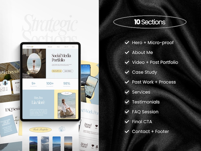 May include: A digital marketing portfolio displayed on a tablet, showcasing a website design with a light blue and yellow color scheme. The image includes a list of 10 sections, including "Hero + Micro-proof" and "About Me."