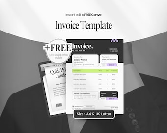 Plantilla de factura de Canva: Formulario de facturación empresarial minimalista moderno, tamaño A4/Carta EE. UU., descarga digital.