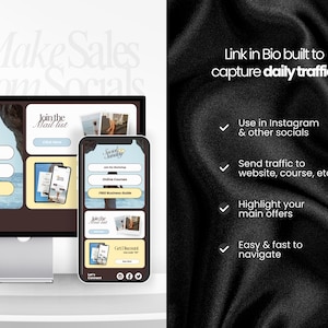 May include: A computer monitor and smartphone display a website interface with the text "Social Sunday." The text "Make Sales from Socials" is at the top. The smartphone shows a mobile version of the website. The text "Link in Bio built to capture daily traffic" is also visible.
