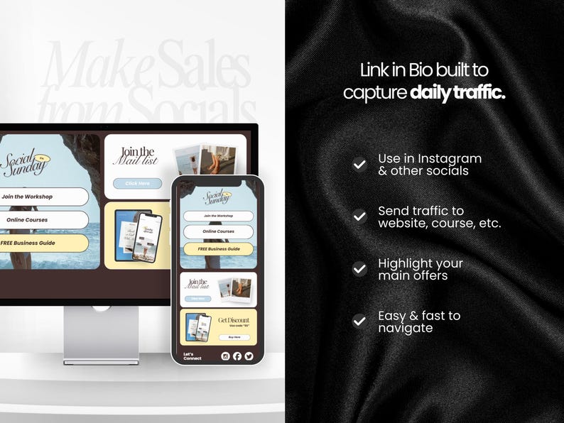 May include: A computer monitor and smartphone display a website interface with the text "Social Sunday." The text "Make Sales from Socials" is at the top. The smartphone shows a mobile version of the website. The text "Link in Bio built to capture daily traffic" is also visible.