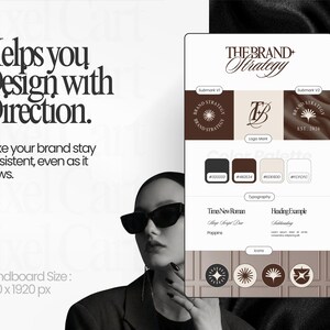Może przedstawiać: Tablica projektowa strategii marki z tekstem "Helps you Design with Direction." Tablica zawiera warianty logo, paletę kolor&oacute;w, przykłady typografii i ikony. Rozmiar tablicy to 1080 x 1920 px.