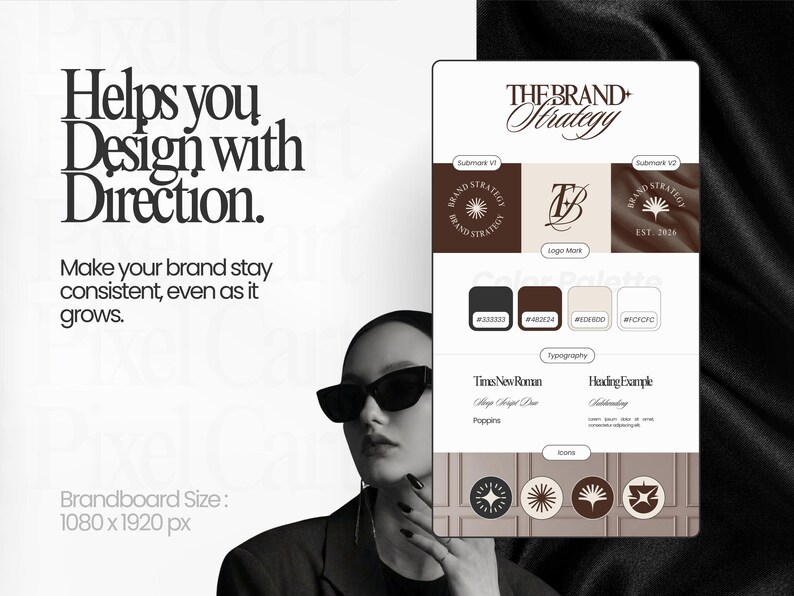 Może przedstawiać: Tablica projektowa strategii marki z tekstem "Helps you Design with Direction." Tablica zawiera warianty logo, paletę kolor&oacute;w, przykłady typografii i ikony. Rozmiar tablicy to 1080 x 1920 px.