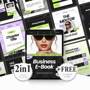 Puede incluir: Un libro electrónico de marketing digital con una mujer con gafas de sol en la portada. Titulado "Business E-Book", incluye un cuaderno de trabajo y una mini guía gratuita. El diseño presenta acentos en negro, blanco y verde lima.