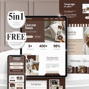 May include: A digital marketing and branding design layout with a tablet and smartphone displaying website mockups. The design features the text "5in1 Design Layouts" and "FREE Mini Conversion Page Guide". The color scheme is brown and white.