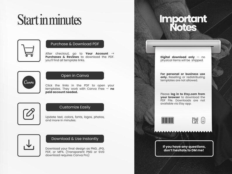 Może przedstawiać: Czarno-biała grafika z instrukcjami pobierania szablonu PDF. Kroki obejmują zakup, otwarcie w Canva, dostosowanie i pobranie. Zawiera r&oacute;wnież ważne uwagi dotyczące pobierania cyfrowego.
