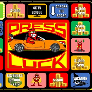 May include: A game board with a red and yellow "Press Your Luck" theme. The board features various prizes, including a motorcycle, a 4K TV, and a vacation. The board also includes a red button labeled "Whammy!"