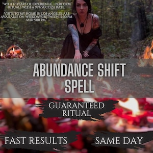 Può includere: Immagine che promuove un 'Incantesimo di Cambiamento dell'Abbondanza'. L'immagine presenta una persona in un abito nero, con tatuaggi, e testo che dice 'Rituale Garantito' e 'Risultati Veloci, in giornata'.