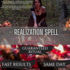 Może przedstawiać: Obraz kobiety w czarnej sukience z tatuażami, z napisem "REALIZATION SPELL". Dodatkowy tekst brzmi "GUARANTEED RITUAL" i "FAST RESULTS SAME DAY."
