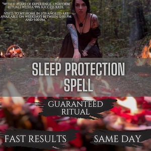 May include: Image promoting a sleep protection spell. The text includes "Sleep Protection Spell", "Guaranteed Ritual", and "Fast Results Same Day". The image features a person and a forest background.