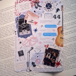 May include: A book page with a collage of images, including hockey-related graphics, a guitar, and the words "Briar Hockey." Features a ticket, a microphone, and the number 44.
