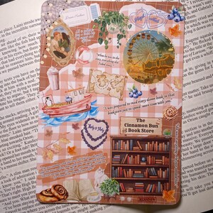 Könnte beinhalten: Ein dekoratives Stickerbogen mit einem gemütlichen Thema, der Illustrationen eines Buchladens, eines Riesenrads, eines Bootes und Herbstblättern zeigt. Der Text enthält "The Cinnamon Bun Book Store".