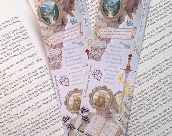 May include: Set of fantasy-themed bookmarks featuring illustrations of a deer, a sword, and a woman with a crown. The bookmarks have text and are set against a backdrop of sheet music and aged paper.