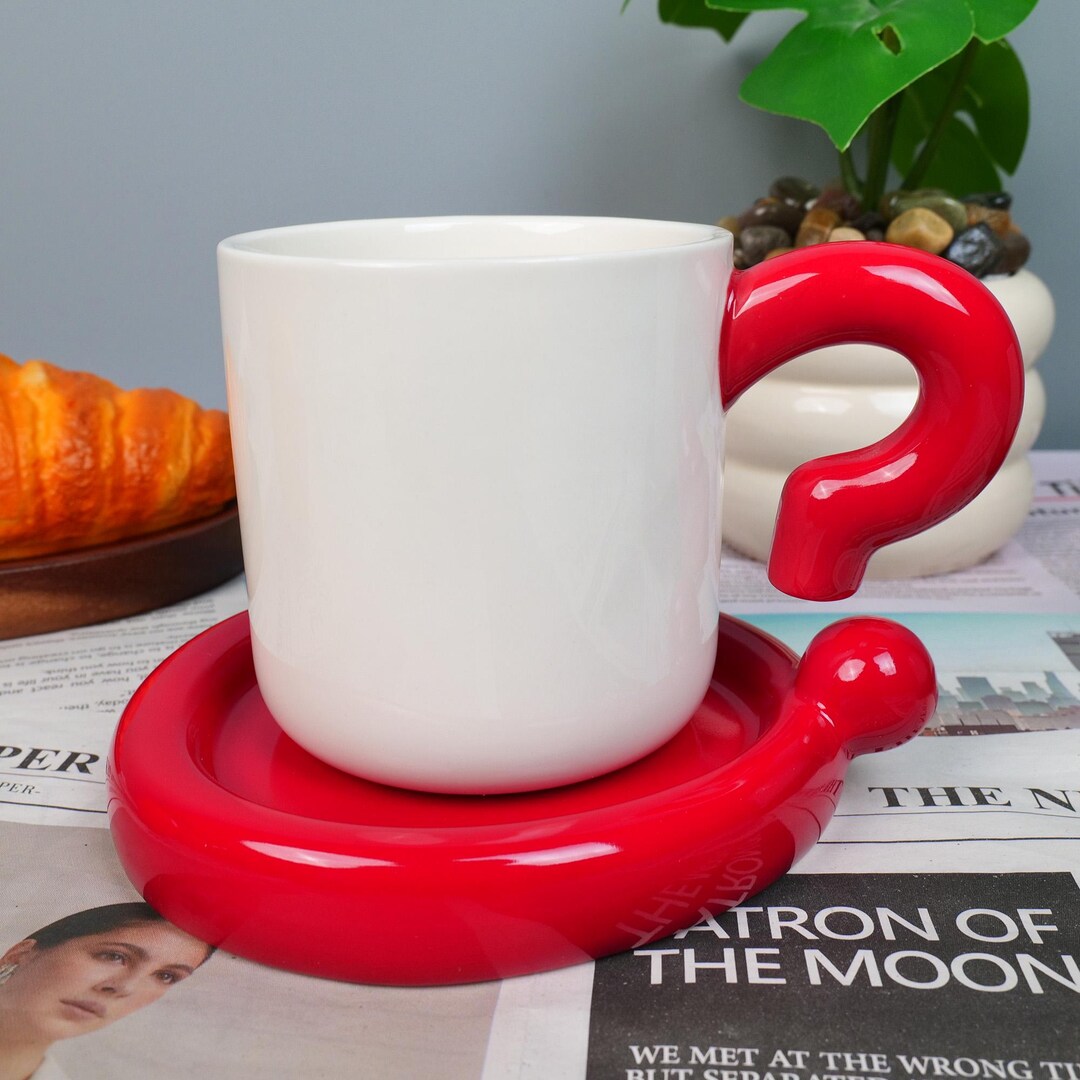 Creative Question Mark Handle Ceramic Mug With Saucer, Unique Design ...