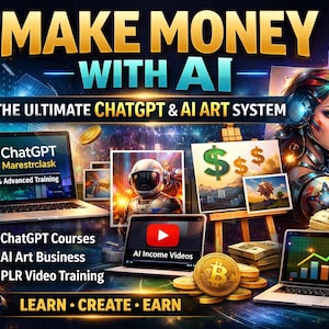 Può includere: Un grafico promozionale con il testo "MAKE MONEY WITH AI" e "THE ULTIMATE CHATGPT & AI ART SYSTEM." L'immagine include laptop, opere d'arte e monete d'oro, con le parole "ChatGPT Courses", "AI Art Business" e "PLR Video Training."