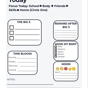 Op de afbeelding: Een wit en blauw dagplanner met het woord "Today" bovenaan. Het bevat secties voor "The Big 3", "Reward After Big 3", "Time Blocks", "Move My Body" en "Mood". De planner heeft een strak, minimalistisch ontwerp.