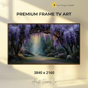 May include: A framed digital art print depicting a tranquil forest scene with a pathway. The artwork showcases purple wisteria and verdant foliage. The text "PREMIUM FRAME TV ART" and "9 Free Designs Included" are visible. The resolution is 3840 x 2160.