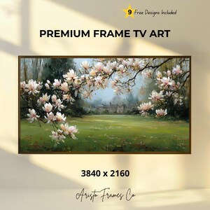 May include: A framed digital artwork featuring a landscape with a green field, trees, and a building in the background. The artwork includes branches of pink and white flowers. The text "PREMIUM FRAME TV ART" is at the top.