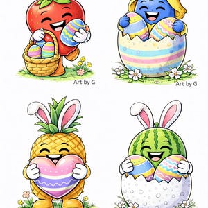 May include: Four cartoon illustrations of Easter-themed fruit characters. A strawberry, blueberry, pineapple, and watermelon are depicted with bunny ears, holding Easter eggs or an Easter basket. The text "Art by G" is in the bottom right corner.